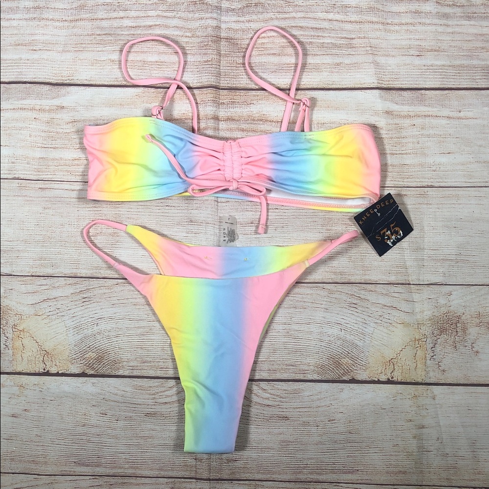 Pastel Rainbow Tie-Front Bandeau Bikini Set‎ - Pink Multi